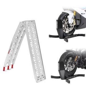 Sett: adkomstrampe aluminium CS1 + motorsykkelvippe Easy Plus sammenleggbar maks 340 kg + motorsykkelvippe Easy-Plus motorsykkelstativ opp til 21 tommer matt sort