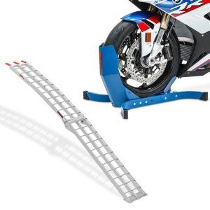 Sett: Tilgangsrampe opp til 340 kg Alu-II rullebeskyttelse + motorsykkelvippe Easy-Plus motorsykkelstativ opp til 21 tommer blått