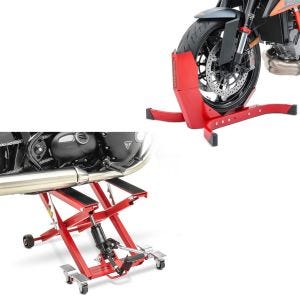 Set: Hebebühne Mid-Lift XL Motorradheber bis 500kg in rot + Motorradwippe Easy-Plus Motorradständer bis 21 Zoll rot_1