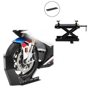 Set: Hebebühne Mini-Lift Scherenheber inkl. Gummimatte bis 500kg in schwarz + Transportständer Easy-Fix Motorradwippe bis 21 Zoll schwarz_1
