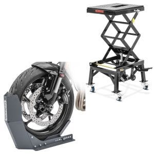 Set: Motorradheber Enduro Cross-Lift XL Motocross Scherenheber mit Rollen + Transportständer Easy-Fix Motorradwippe bis 21 Zoll grau_1