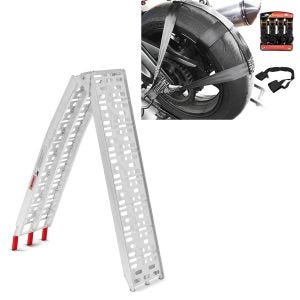 Set: Hinterrad und Lenker Zurrgurt mit 4x Ratschen-Spanngurten Set + Auffahrrampe bis 340 kg Alu-I klappbar_1