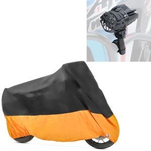 Set: LED Zusatzscheinwerfer mit Sturzbügel Halter und Schutzgitter SX22 + Abdeckplane XXXL Abdeckhaube in schwarz-orange_1