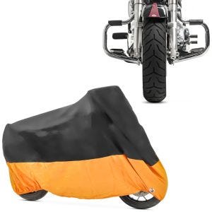 Set: Sturzbügel für Harley Heritage Softail Classic 00-17 Mustache chrom + Abdeckplane Harley Heritage Softail Classic / 114 XXXL schwarz-orange_1