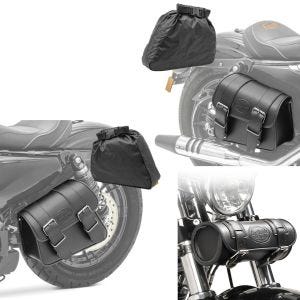 Set: Satteltaschen Montana je 8Ltr Paar rechts und links in schwarz + Werkzeugrolle Elgin 2,4Ltr für Chopper Cafercaer und Scrambler in_1