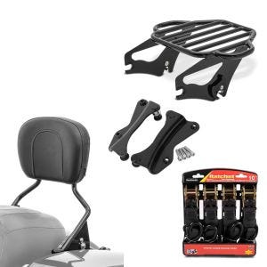 Set: Sissybar mit Gepäckträger KI und Montagekit für Harley Touring 14-21 + Spanngurt Set mit Ratsche und Haken inkl 4x Zurrschlaufe in schwarz_1