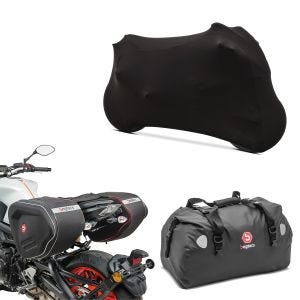 Set: Set Satteltaschen RF1 + Hecktasche Drybag XF60 120L + Motorradabdeckung Indoor M-L Stretch Garage in schwarz_1