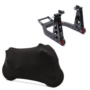 Set: Montageständer Vorderrad Superlight-L Carbon Motorradständer + Motorradabdeckung Indoor M-L Stretch Garage in schwarz_1