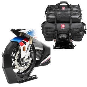 Set: Hecktasche Set SX70 + XB50 Volumen 120 L Dry Bag Wasserdicht + Transportständer Easy-Fix Motorradwippe bis 21 Zoll schwarz_1