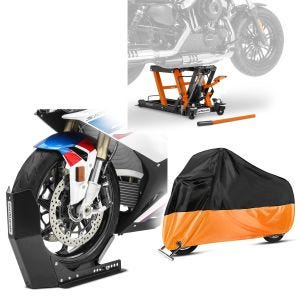 Set: Hebebühne Mid-Lift L + Abdeckplane XXL Motorradheber für Chopper + Transportständer Easy-Fix Motorradwippe bis 21 Zoll schwarz_1