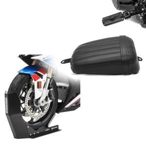 Set: Soziussitz Set für Harley Softail Street Bob 18-20 mit Fußrasten + Transportständer Easy-Fix Motorradwippe bis 21 Zoll schwarz_1