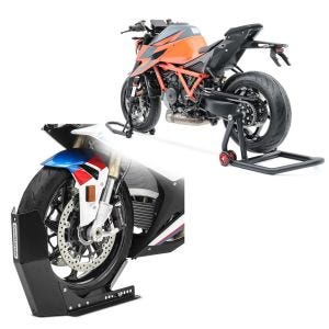 Set: Einarm Montageständer für KTM 1290 Super Duke/ R 14-21 hinten vorne + Transportständer Easy-Fix Motorradwippe bis 21 Zoll schwarz_1