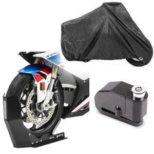 Set: Set Abdeckplane XXL + Alarm Bremsscheibenschloss Faltgarage + Transportständer Easy-Fix Motorradwippe bis 21 Zoll schwarz_1