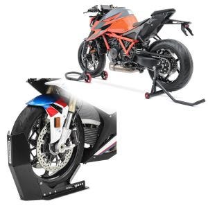 Set: Einarm Montageständer für KTM 1290 Super Duke/ R 14-21 hinten vorne + Transportständer Easy-Fix Motorradwippe bis 21 Zoll schwarz_1