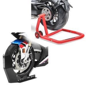 Sett: Enarmsstativ egnet for KTM 1290 Super Duke / R 14-23 monteringsstativ Single-One + transportstativ Easy-Fix motorsykkelrocker opp til 21 tommer svart
