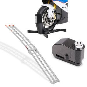Set: Auffahrrampe Alu CS2 + Motorradwippe Easy Plus klappbar max. 340kg + Bremsscheibenschloss Alarm 120dB BS-Motoparts Diebstahlschutz schwarz_1
