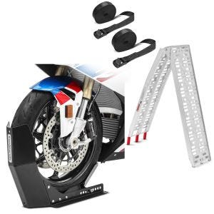 Set: Auffahrrampe Alu CS1 + Motorradwippe Easy Fix klappbar max. 340kg + Spanngurt Set Zurrgurte 150cm 2 Stück in schwarz_1