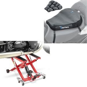 Sett: Hydraulisk lift egnet for chopper / custom sykkel Midlift XL rød + luftpute Air M komfort setepute i svart CB39044
