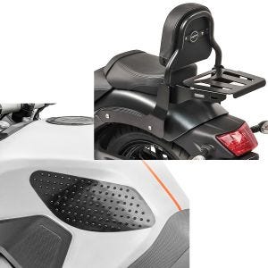 Set: Sissy Bar XS3 für Kawasaki Vulcan S / Café 15-20 mit Gepäckträger + Tankpad seitlich Grip Pad M Seiten Tankpad Kniepad in schwarz_1