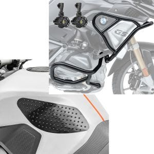 Sett: Sett med kollisjonsbøyler øverst og nederst + frontlykt XL6 egnet for BMW R 1250 GS 19-23 + tankpute på sidegrepsputen M sidetank pad knepute i sort
