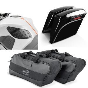 Set: Seitenkoffer Stretched LB für Harley Touring 94-13 mit Innentaschen + Tankpad seitlich Grip Pad M Seiten Tankpad Kniepad in schwarz_1