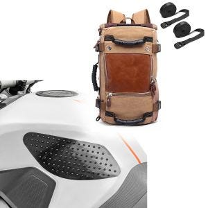 Set: Rucksack Canvas VG6 Hecktasche inkl. Spanngurte 28Ltr braun + Tankpad seitlich Grip Pad M Seiten Tankpad Kniepad in schwarz_1