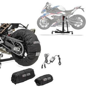 Sett: Sentralstativ egnet for BMW S 1000 RR 19-24 motorsykkeljekk Power-Evo + dekkvarmersett Snaefell 30-99°C digitalt for forhjul og bakhjul