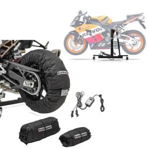 Set: Zentralständer Honda CBR 1000 RR Fireblade 04-07 Power-Evo + Reifenwärmer Set Snaefell 30-99°C Digital für Vorderrad und Hinterrad_1