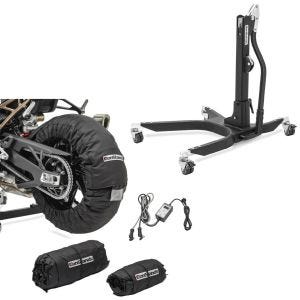 Set: Zentralständer Yamaha MT-07 13-21 Motorradheber Power-Classic + Reifenwärmer Set Snaefell 30-99°C Digital für Vorderrad und Hinterrad_1