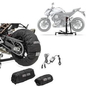 Sett: Sentralstativ egnet for Kawasaki Z 800 / e 13-16 motorsykkeljekk Power-Evo + dekkvarmersett Snaefell 30-99°C digitalt for forhjul og bakhjul