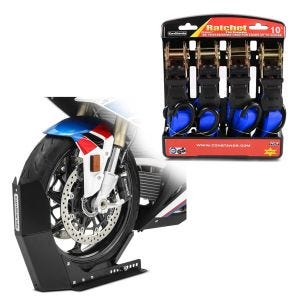 Set: Transportständer Easy-Fix Motorradwippe bis 21 Zoll schwarz-matt + Spanngurt Set mit Ratsche und Haken inkl 4x Zurrschlaufe in blau_1