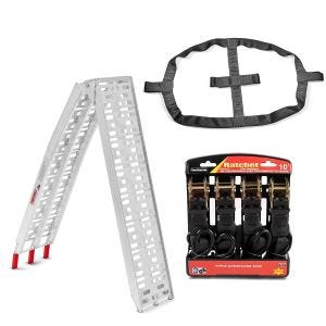 Set: Auffahrrampe bis 340 kg Alu-I klappbar + Hinterrad Zurrgurt mit 4x Ratschen-Spanngurten Set Abspanngurt_1