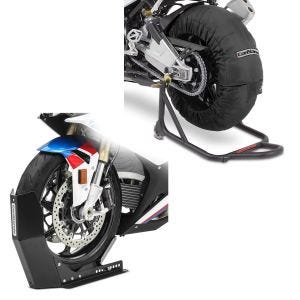 Sett: Dekkvarmersett Laguna Seca 60-80°C egnet for forhjul og bakhjul Constands + transportstativ Easy-Fix motorsykkelrocker opp til 21 tommer svart