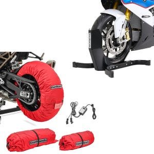 Set: Reifenwärmer Set Snaefell 30-99°C Digital für Vorderrad und Hinterrad + Motorradwippe Easy Plus Vorderradwippe Motorradständer bis 21" schwarz_1