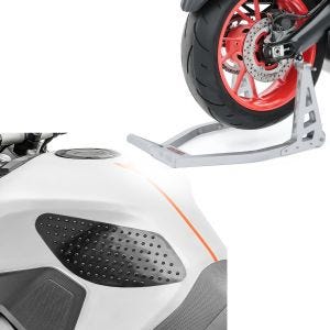 Set: Montageständer Hinterrad Superlight Racing silber + Tankpad seitlich Grip Pad M Seiten Tankpad Kniepad in schwarz_1