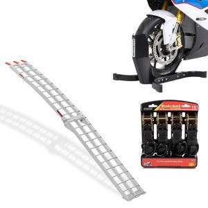 Set: Auffahrrampe Alu CS2 + Motorradwippe Easy Plus klappbar max. 340kg + Spanngurt Set mit Ratsche und Haken inkl 4x Zurrschlaufe in schwarz_1