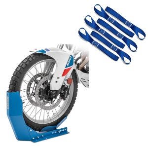 Set: Transportständer Easy-Fix Motorradwippe bis 21 Zoll blau + Zurrschlaufen für Spanngurte, 6er Mega Pack Blau_1