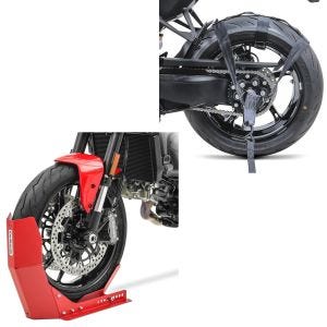 Set: Transportständer Easy-Fix Motorradwippe bis 21 Zoll rot + Spanngurt Hinterrad Fixiergurt für Transportsicherung schwarz_1