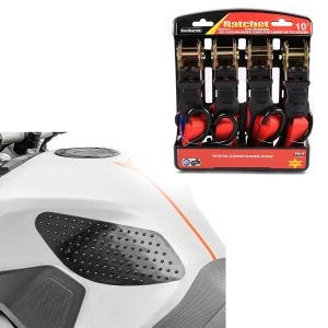Set: Tankpad seitlich Grip Pad M Seiten Tankpad Kniepad in schwarz + Spanngurt Set mit Ratsche und Haken inkl 4x Zurrschlaufe in rot_1