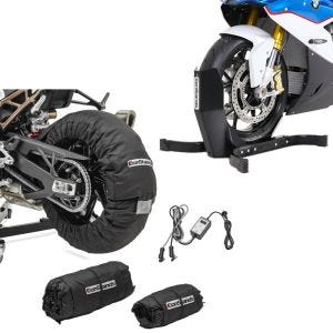 Set: Reifenwärmer Set Snaefell 30-99°C Digital für Vorderrad und Hinterrad + Motorradwippe Easy Plus Vorderradwippe Motorradständer bis 21" schwarz_1
