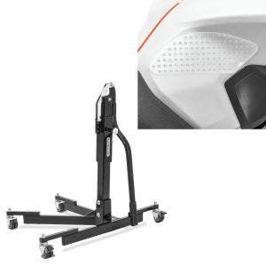 Set: Zentralständer ohne Adapterplatte schwarz Motorradheber Power-Evo + Seiten-Tankpad Grip Pad M klar Kniepad transparent klar_1