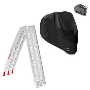 Set: Auffahrrampe bis 340 kg Alu-I klappbar + Set Abdeckplane XL + Alarm Bremsscheibenschloss Faltgarage_1