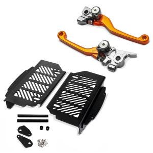 Set: Kühlerschutz Aluminium für KTM EXC/ EXC-F/ SX/ SX-F 2017-2020 Xdure schwarz + Hebelset Bremshebel + Kupplungshebel für KTM EXC/-F SX/-F 14-21 Klapphebel Xdure Flex orange_1