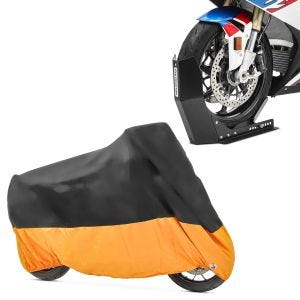 Sett: Transportstativ Easy-Fix motorsykkelvippe opptil 21 tommer svart + presenning XXXL deksel i svart-oransje