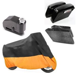 Set: Seitenkoffer für Harley Road King Classic 98-13 mit Innenverkleidung BC Craftride + Abdeckplane XXXL + Alarm Bremsscheibenschloss orange für Harley Davidson Road King / Classic Tourtecs_1