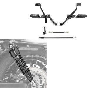 Set: Vorverlegte Fußrastenanlage für Harley Sportster 883 Iron 14-20 Craftride schwarz + Stoßdämpfer 11,9 Zoll Harley Davidson Sportster 883 Iron 09-20 Craftride schwarz_1