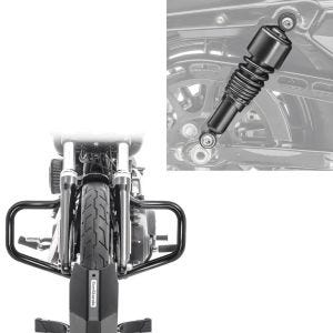 Set: Sturzbügel Mustache für Harley Davidson Dyna Street Bob 06-17 schwarz Craftride + Stoßdämpfer 10,5 Zoll Harley Dyna Street Bob universal von Craftride schwarz_1