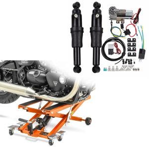 Set: Luftfederung Fahrwerk Harley Davidson Road King Classic 98-19 Craftride Air Ride schwarz + Hydraulische Hebebühne Harley Davidson Road King Classic ConStands Mid-Lift XL orange_1