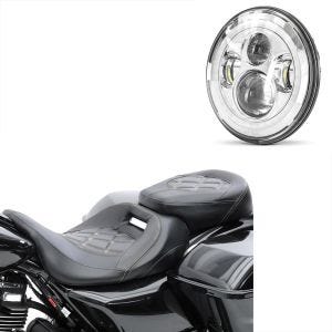 Set: Sitzbank für Harley Road King 09-21 Craftride RH3 schwarz-weiß + LED Scheinwerfer 7" für Harley Davidson Road King / Classic DRL Craftride chrom_1