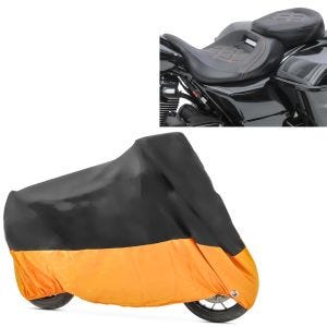 Set: Sitzbank für Harley CVO Street Glide 11-21 Komfortsitzbank Craftride RH3 schwarz-orange + Abdeckplane Harley CVO Softail Deluxe / Street Glide Craftride XXXL schwarz-orange_1